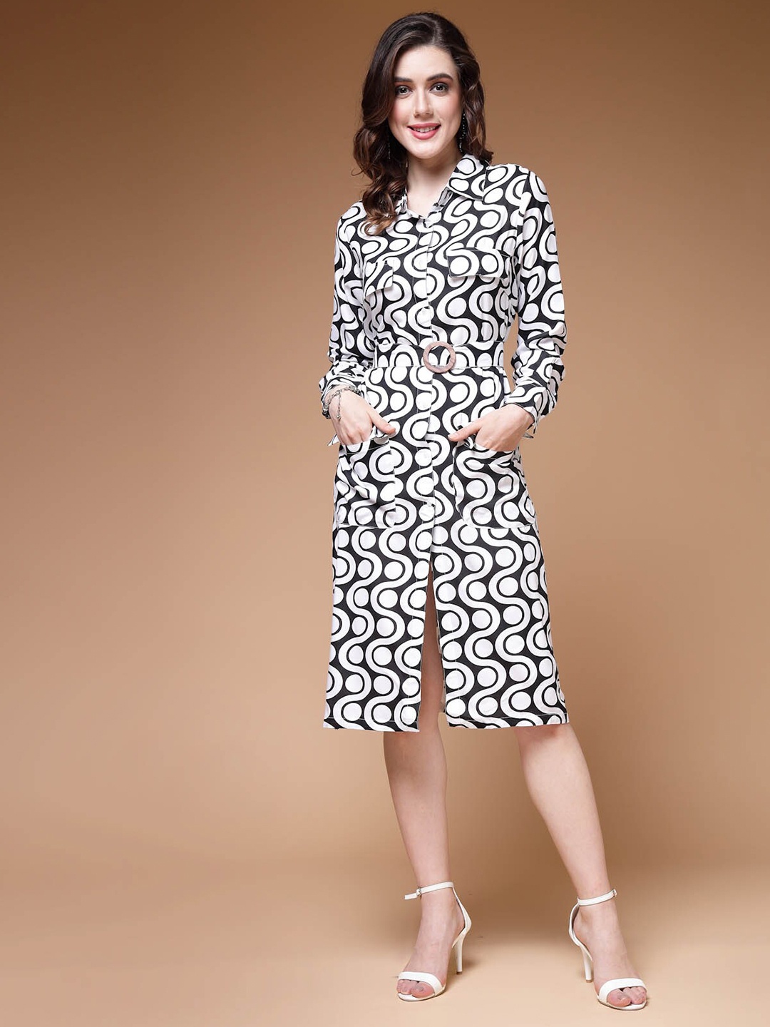 

plusS Geometric Printed Shirt Collar Cuffed Sleeves Shirt Dress, Black