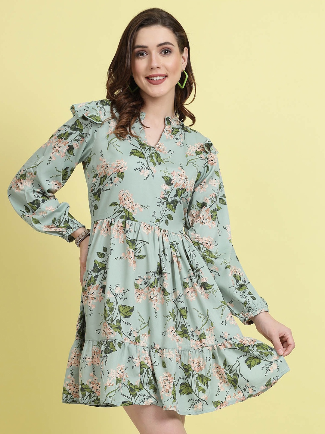 

plusS Floral Printed Mandarin Collar Puff Sleeves Ruffles Detail Fit & Flare Dress, Sea green