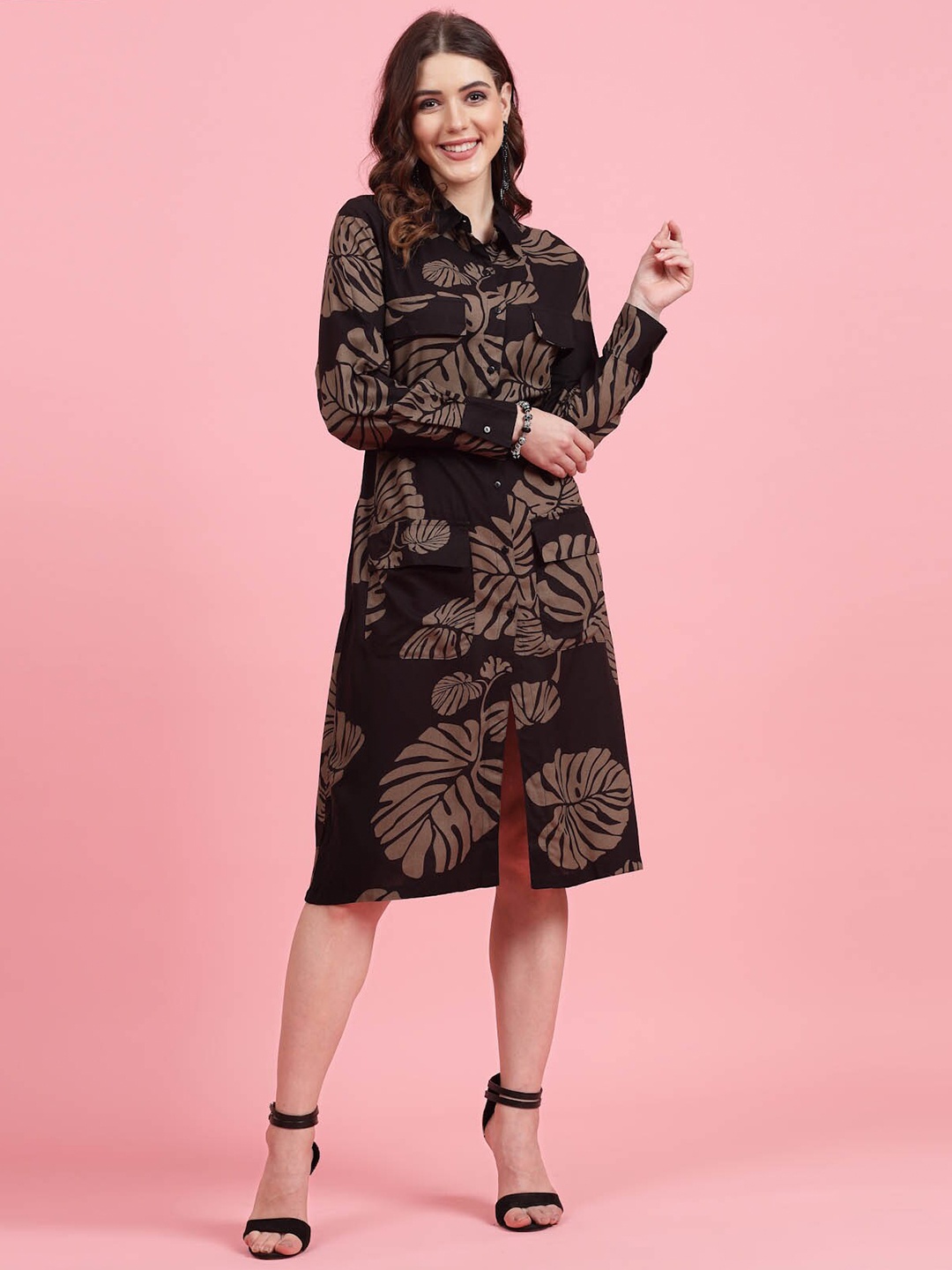 

plusS Tropical Printed Shirt Collar Cuffed Sleeves Shirt Dress, Brown