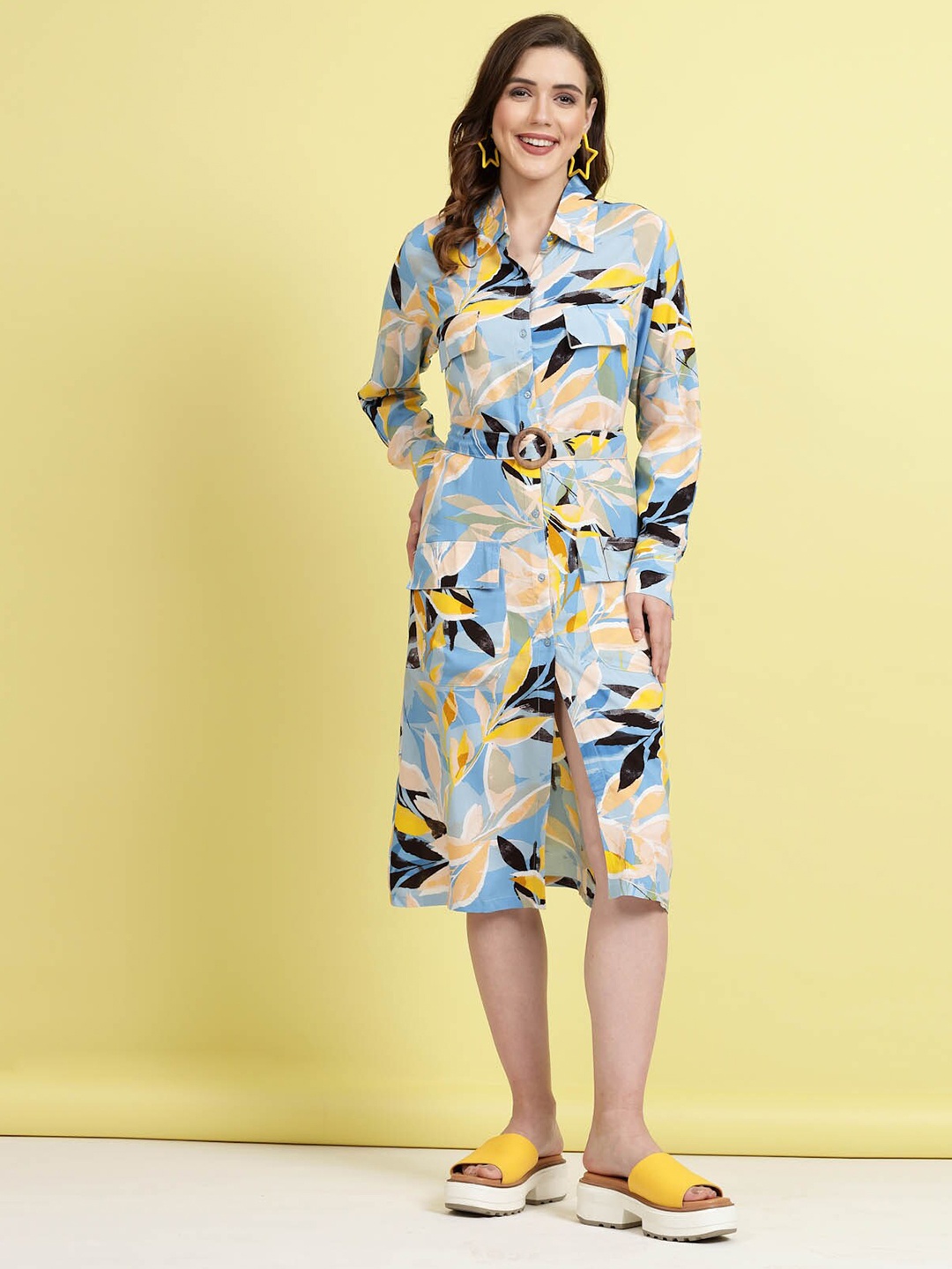 

plusS Tropical Printed Shirt Collar Cuffed Sleeves Shirt Dress, Blue