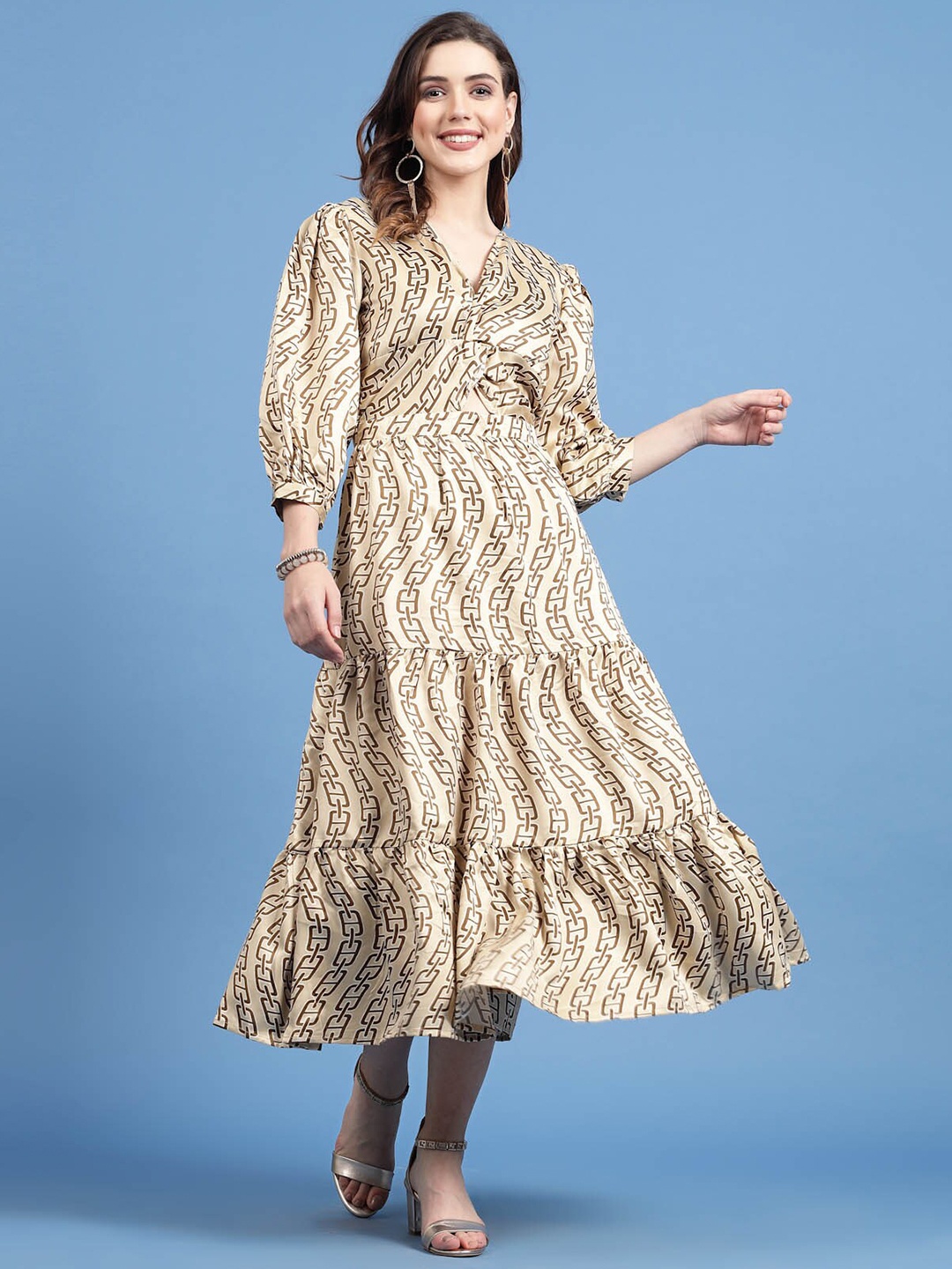 

plusS Geometric Printed V-Neck Puff Sleeve Fit & Flare Dress, Beige