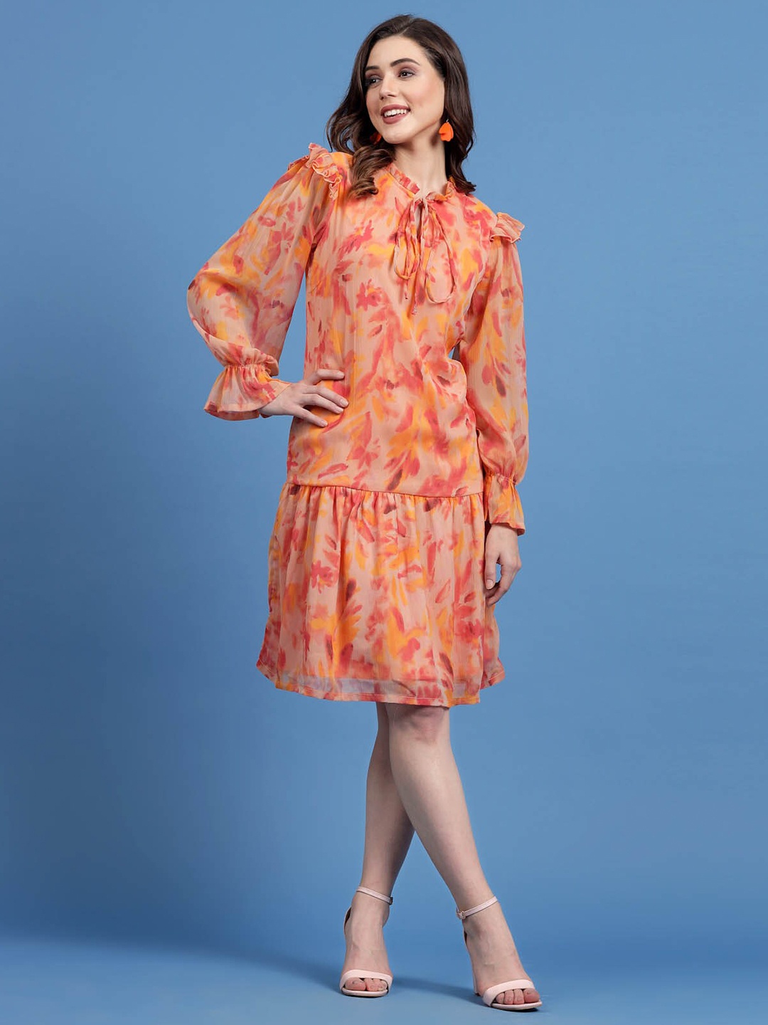 

plusS Orange Floral Printed Tie-Up Neck Bell Sleeve Drop-Waist Dress