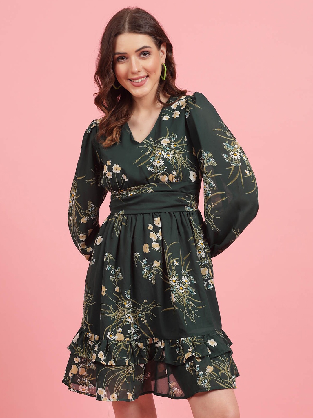 

plusS Green Floral Printed Puff Sleeves Gathered A-Line Dress