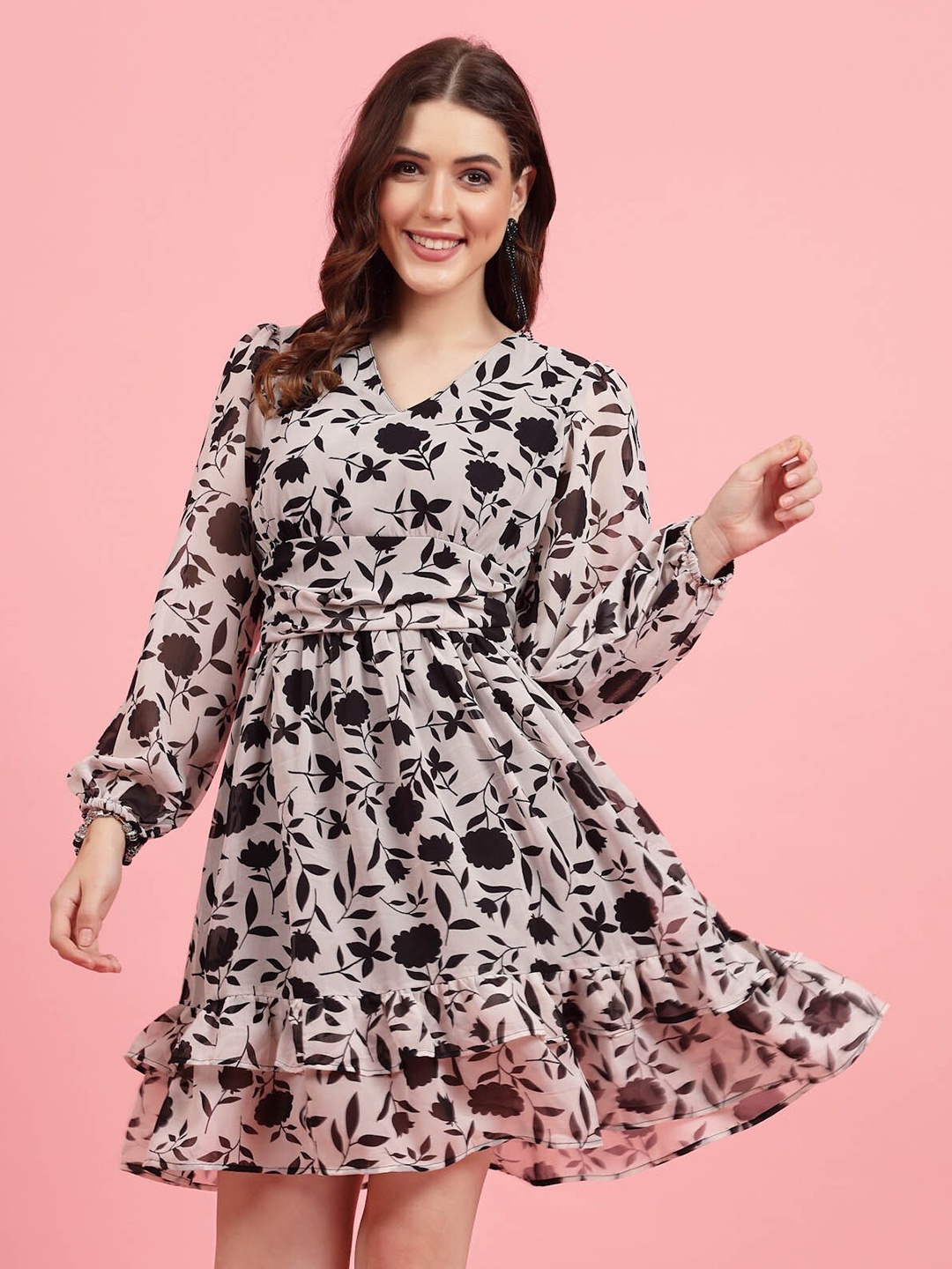 

plusS White Floral Printed Puff Sleeves Gathered A-Line Dress
