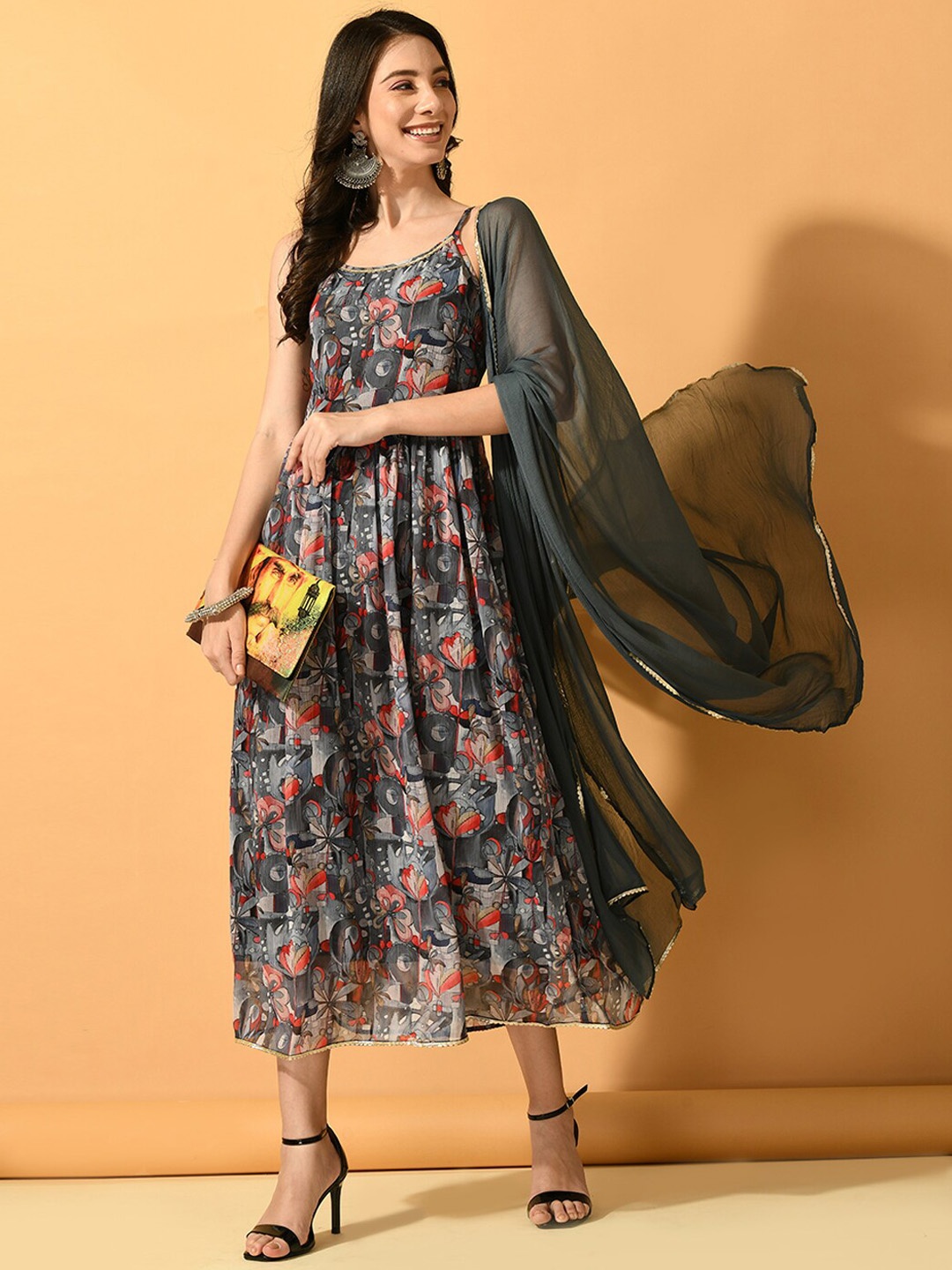 

KALINI Floral Printed Shoulder Straps Ethnic Dresses with Dupatta, Grey