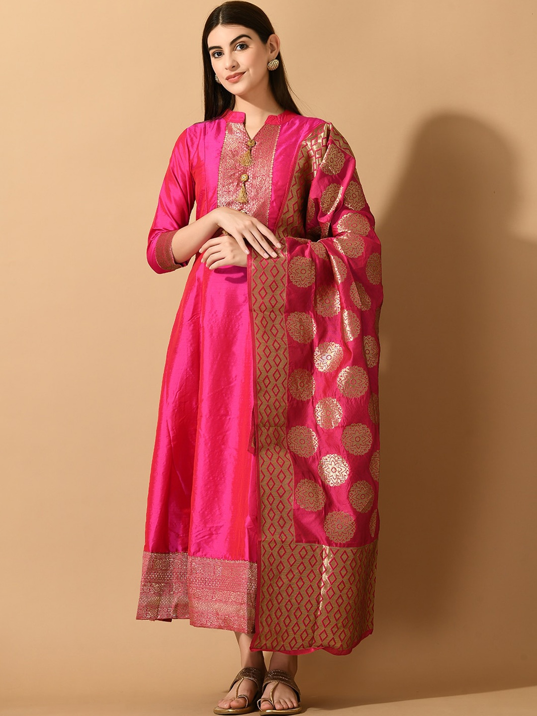 

KALINI Mandarin Collar Silk A-Line Kurta With Dupatta, Pink