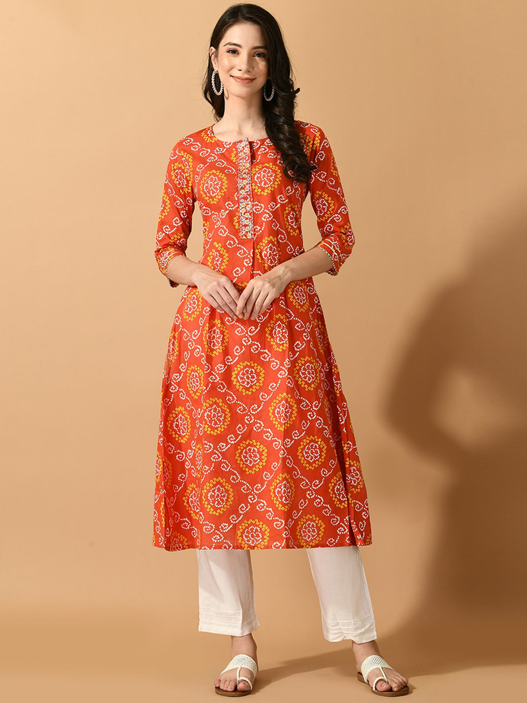 

KALINI Ethnic Motifs Printed Thread Work A-Line Kurta, Orange