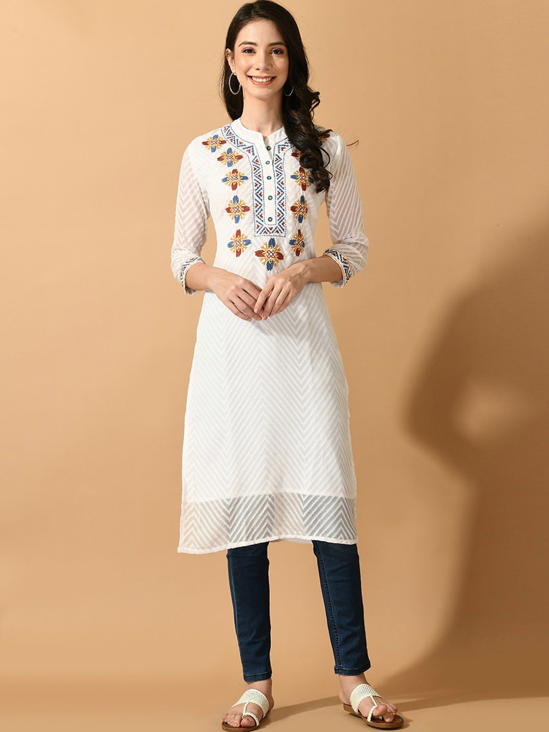 

KALINI Ethnic Motifs Embroidered Thread Work Georgette Kurta, White