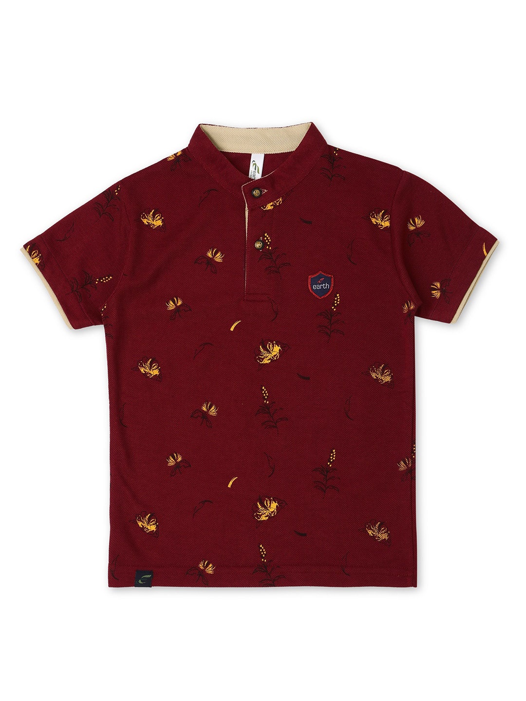 

earth conscious Boys Floral Printed Band Collar Cotton T-shirt, Maroon