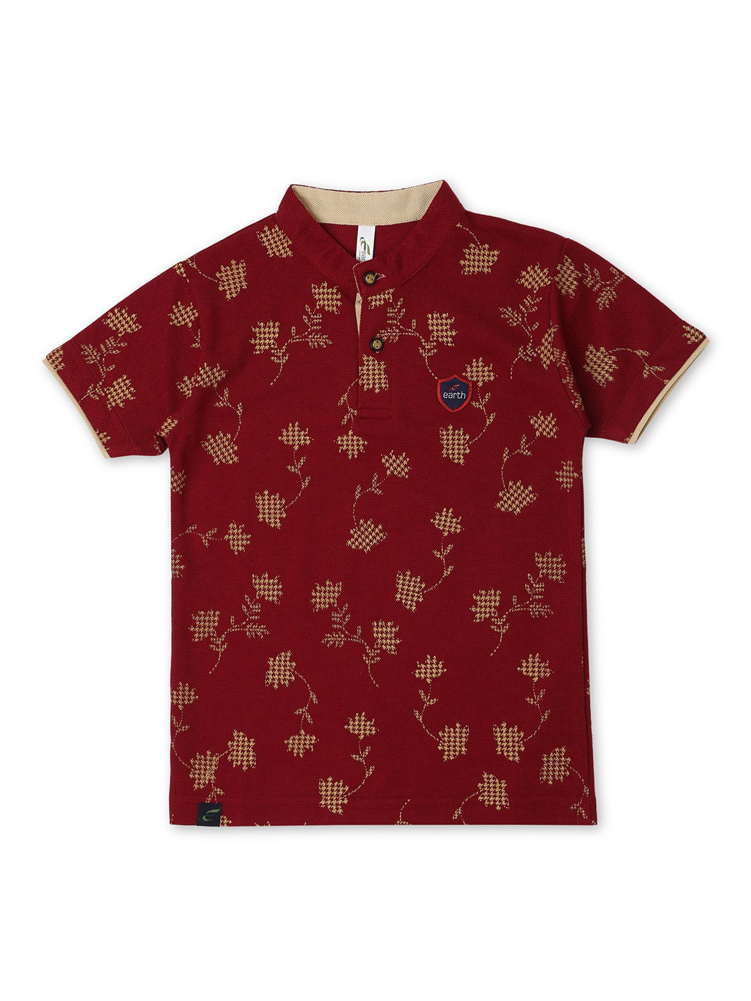 

earth conscious Boys Floral Printed Henley Neck Cotton T-shirt, Maroon
