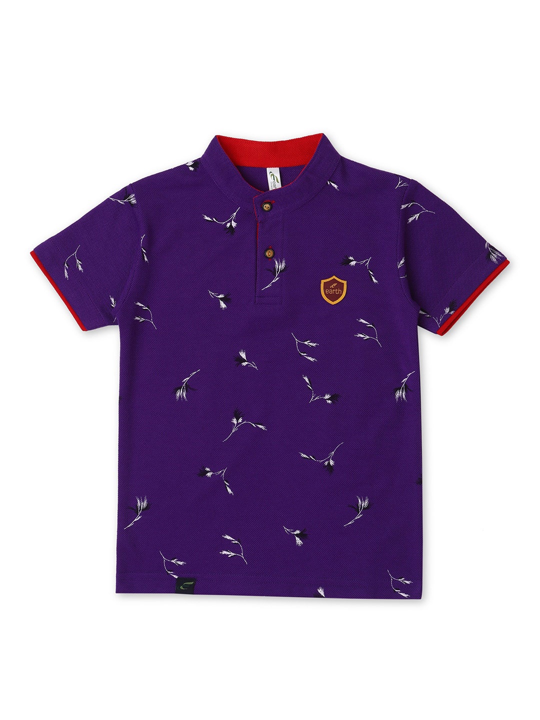 

earth conscious Boys Floral Printed Mandarin Collar Cotton T-shirt, Purple