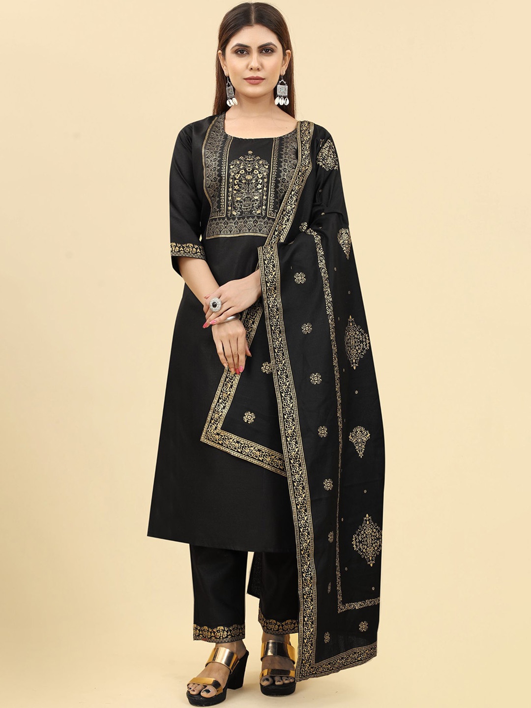 

KALINI Ethnic Motifs Yoke Design Regular Kurta With Trousers & Dupatta, Black