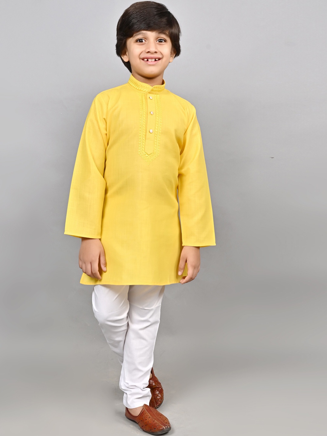 

ahhaaaa Boys Mandarin Collar Regular Thread Work Kurta With Pyjamas, Yellow
