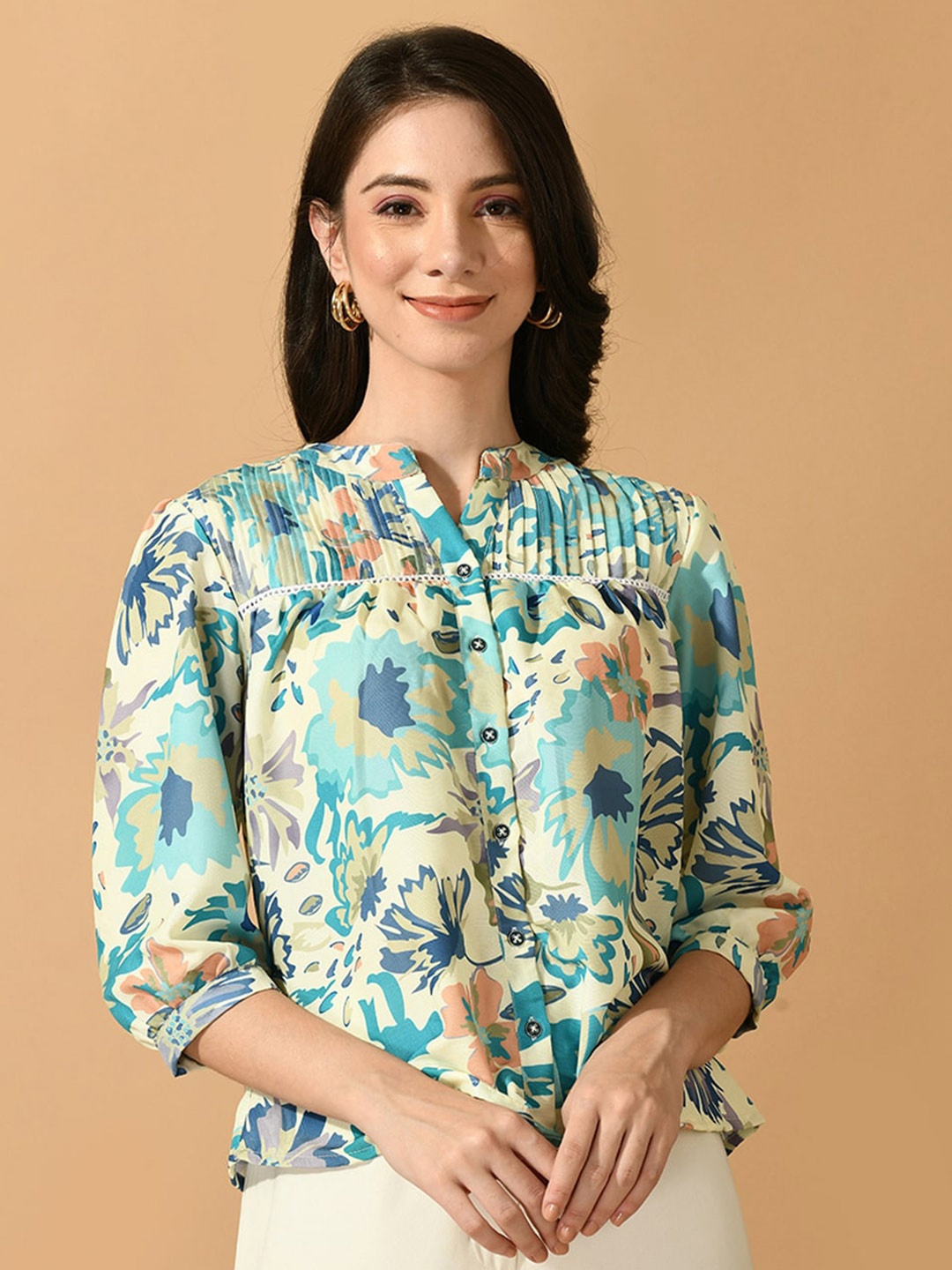 

KALINI Floral Print Mandarin Collar Linen Shirt Style Top, Beige