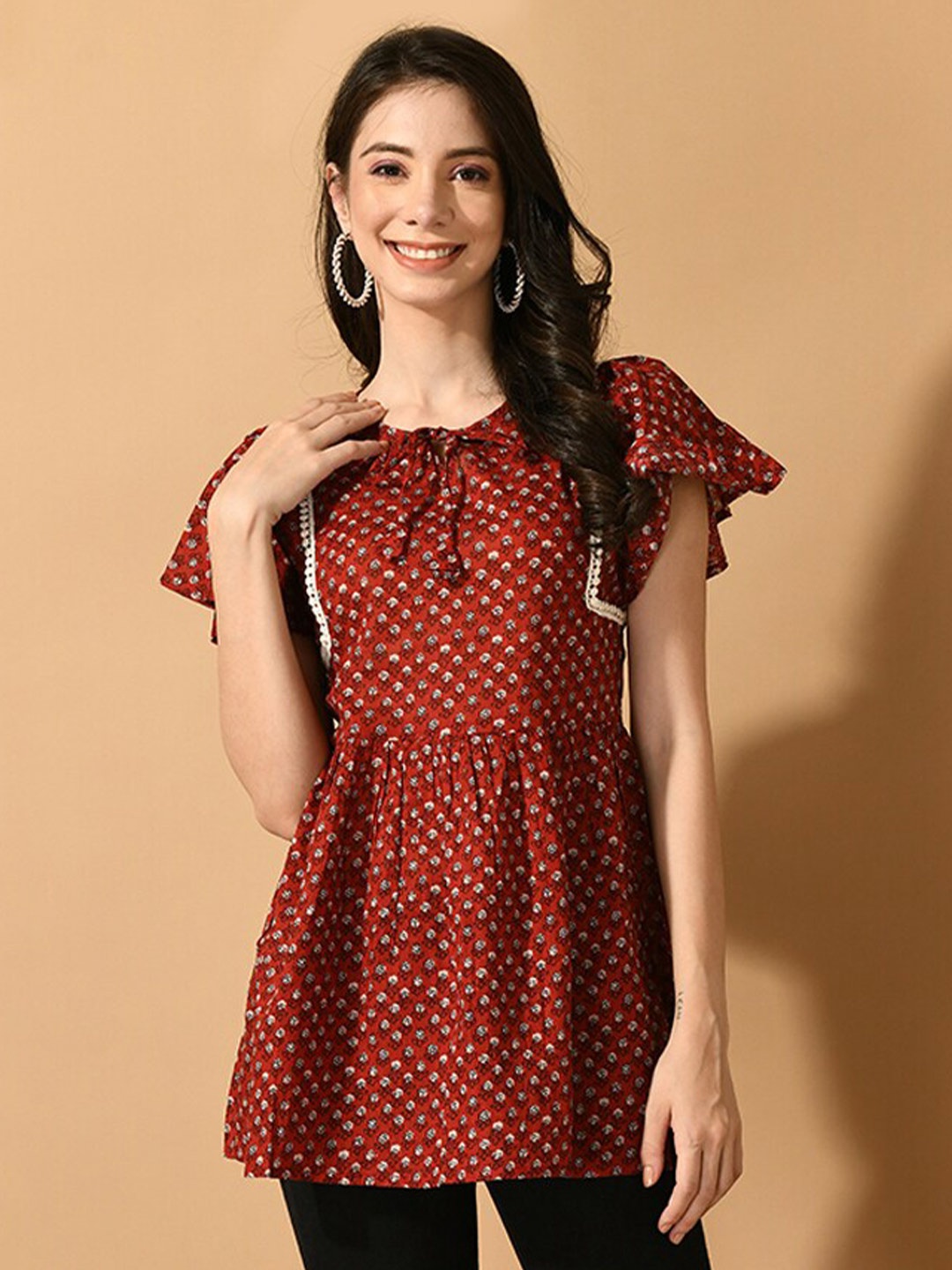 

KALINI Ethnic Motifs Printed Flared Sleeve Cotton A-Line Top, Maroon
