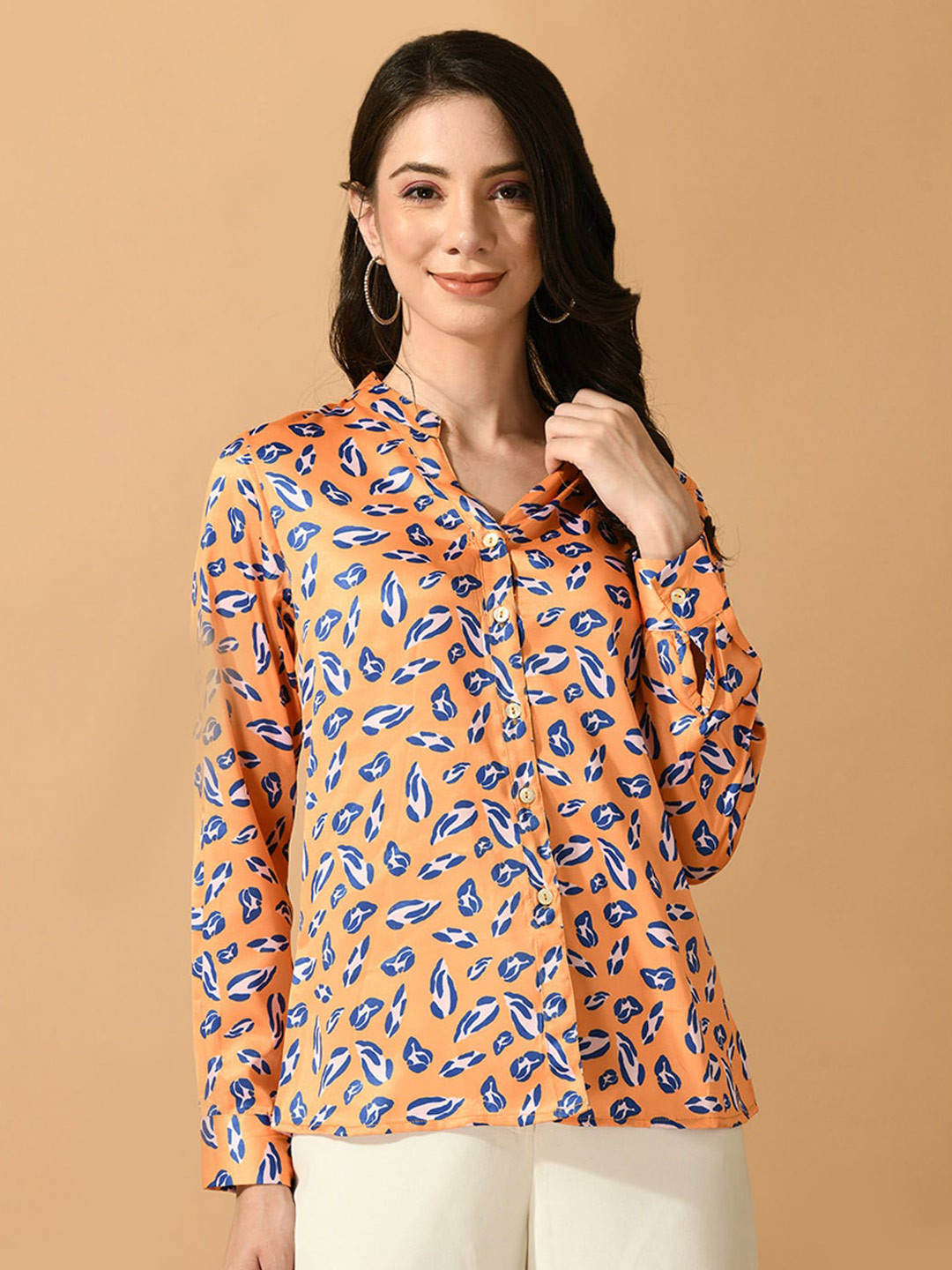 

KALINI Floral Printed Mandarin Collar Satin Shirt Style Top, Peach