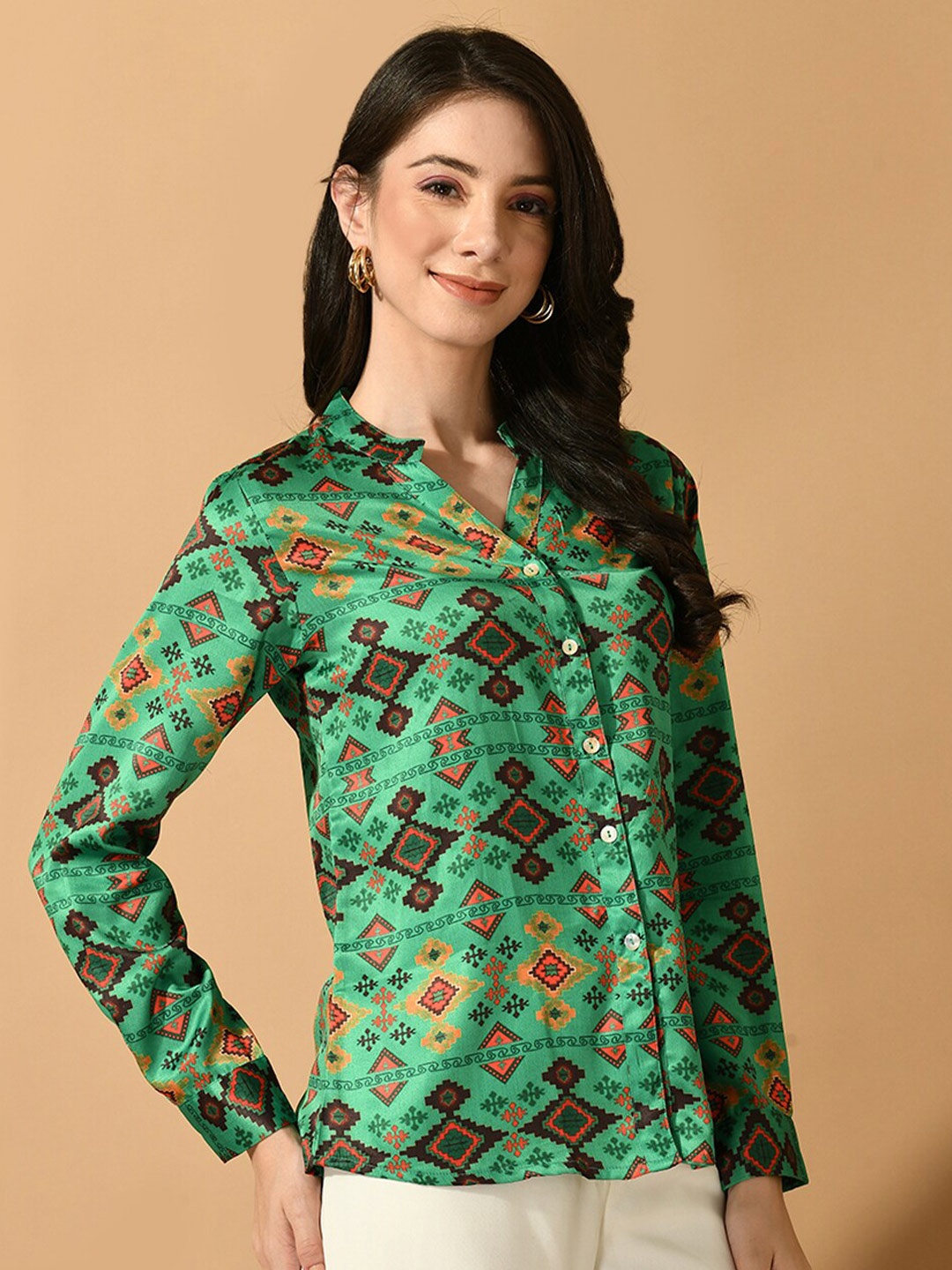 

KALINI Geometric Printed Mandarin Collar Satin Shirt Style Top, Green