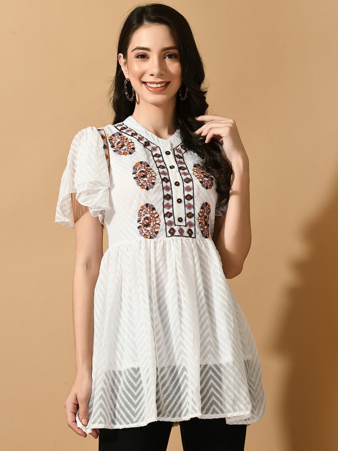 

KALINI Ethnic Motifs Embroidered Mandarin Collar Flared Sleeve Pleated Kurti, White