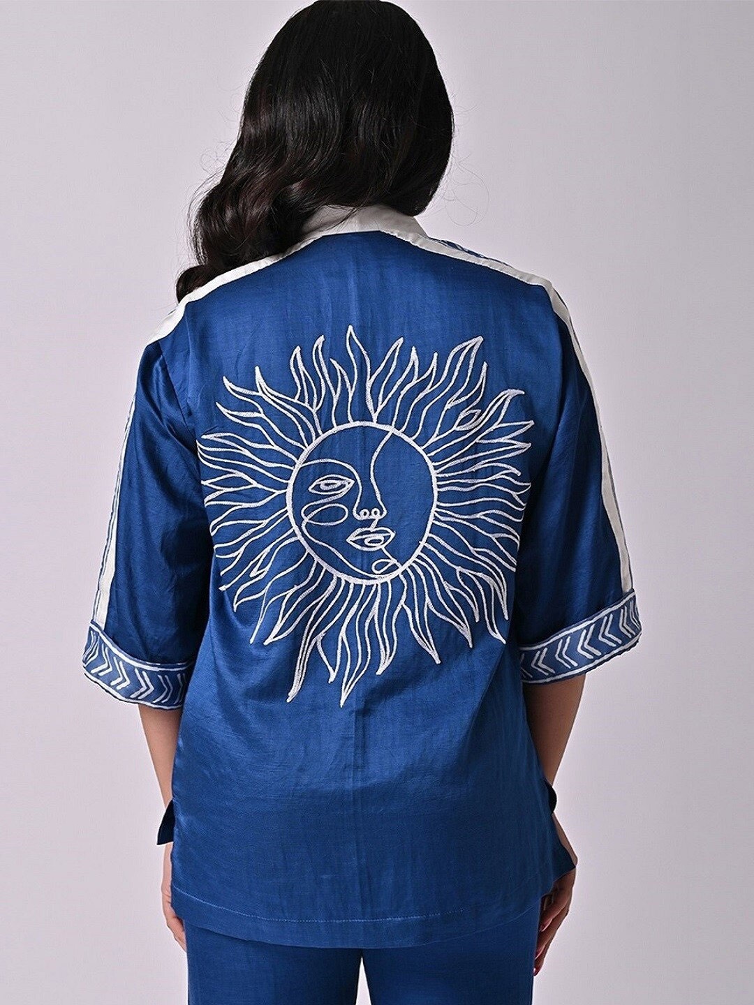 

MISSY Floral Printed Embroidered Satin Shirt Style Top, Blue