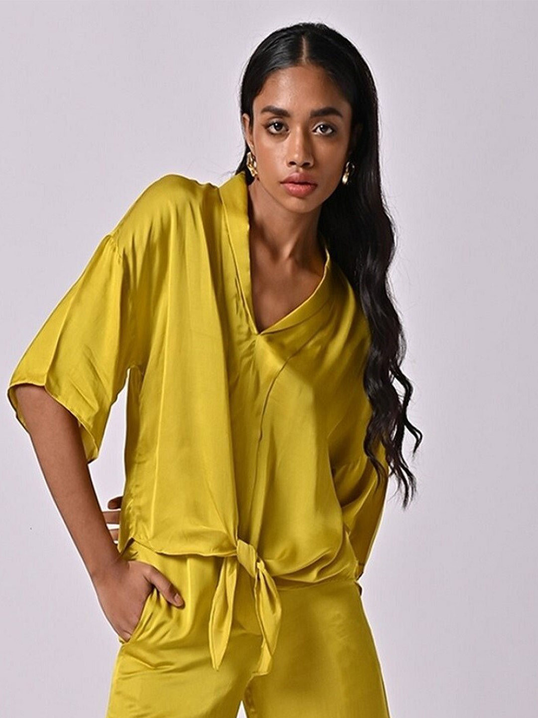 

MISSY V-Neck Tie-Ups Satin Top, Yellow