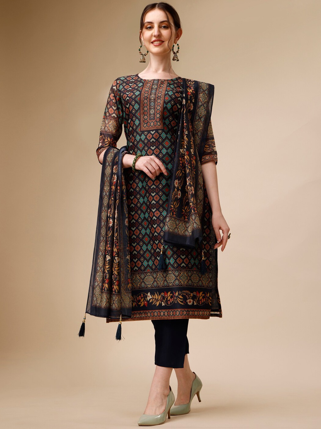 

KALINI Ethnic Motifs Printed Round Neck Regular Kurta With Trousers & Dupatta, Navy blue