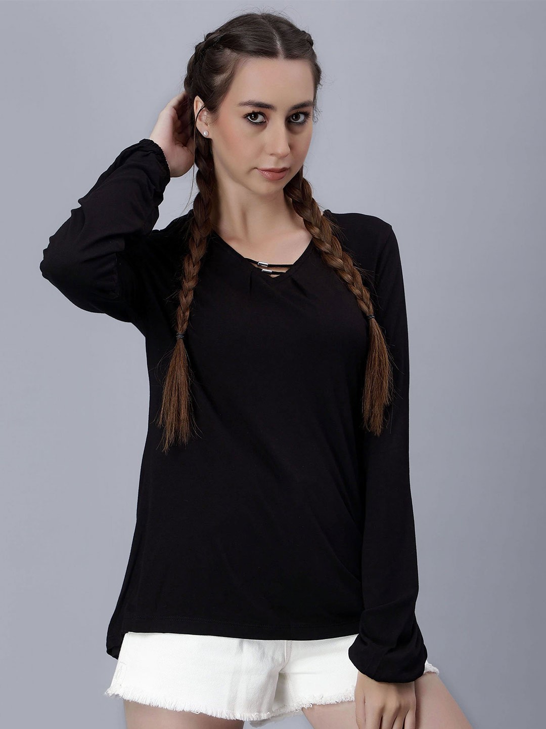 

Pritla V-Neck Cotton Top, Black