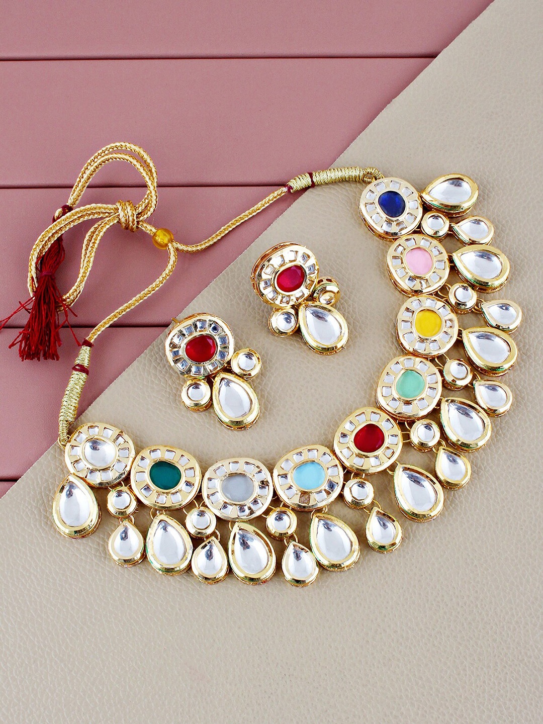

LUCKY JEWELLERY 18k Gold-Plated Kundan-Studded Necklace With Earrings