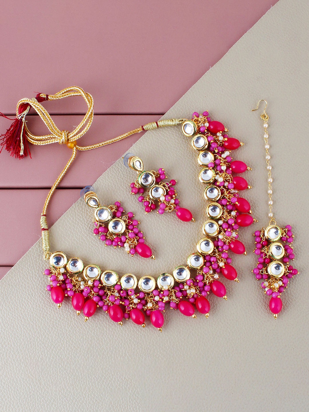 

LUCKY JEWELLERY 18k Gold-Plated Kundan-Studded & Beaded Jewellery Set