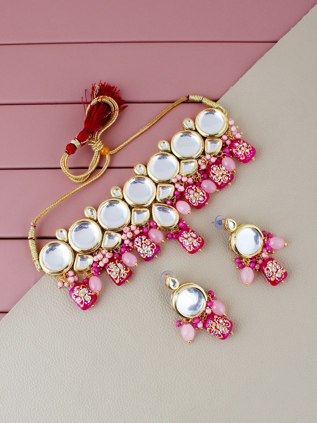 

LUCKY JEWELLERY Gold-Plated Kundan-Studded & Beaded Necklace With Earrings