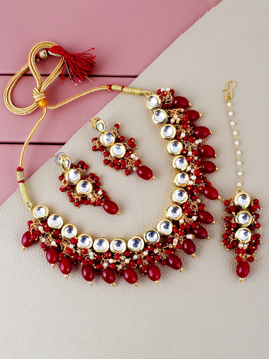 

LUCKY JEWELLERY Gold-Plated Kundan Studded Necklace With Earrings & Maang Tika