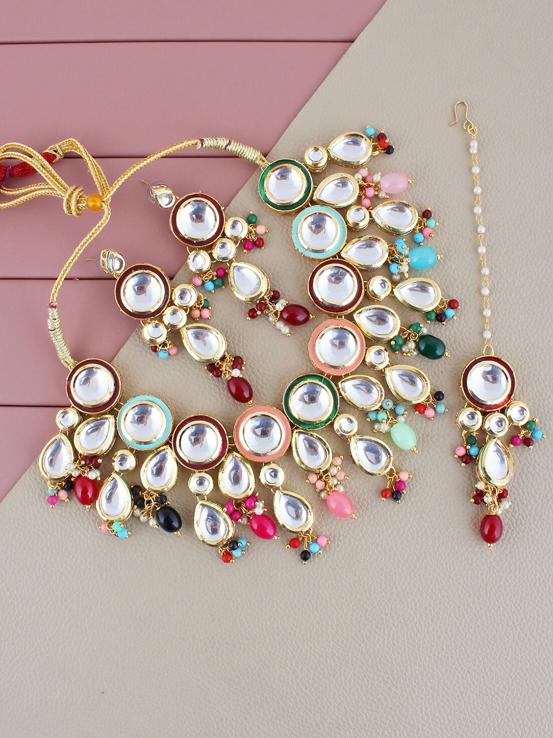 

LUCKY JEWELLERY 18K Gold-Plated Kundan-Studded & Beaded Meenakari Jewellery Set