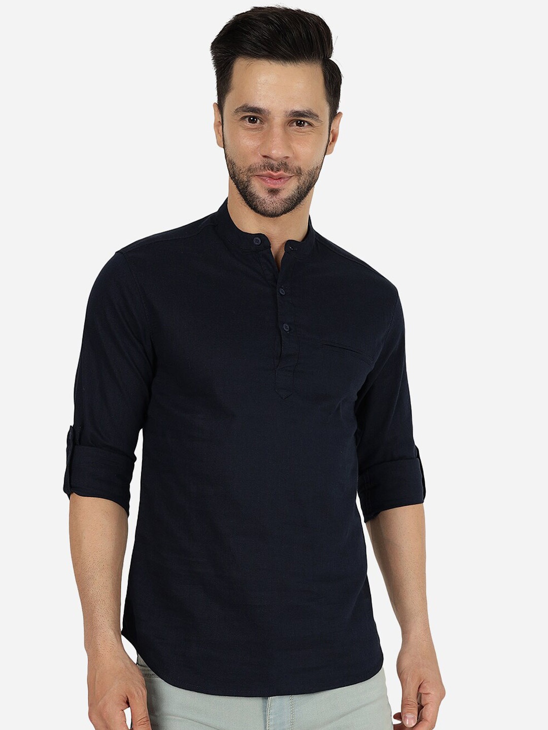 

Greenfibre Slim Fit Band Collar Roll-Up Sleeves Cotton Casual Shirt, Blue