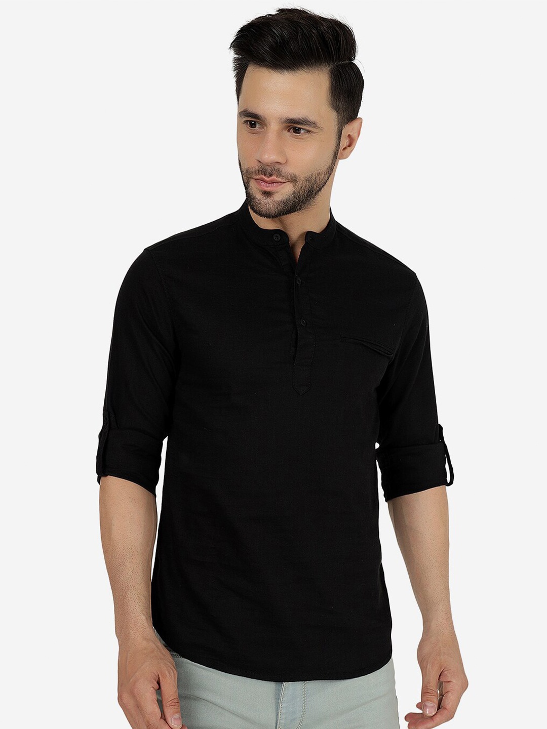 

Greenfibre Slim Fit Band Collar Roll-Up Sleeves Cotton Casual Shirt, Black
