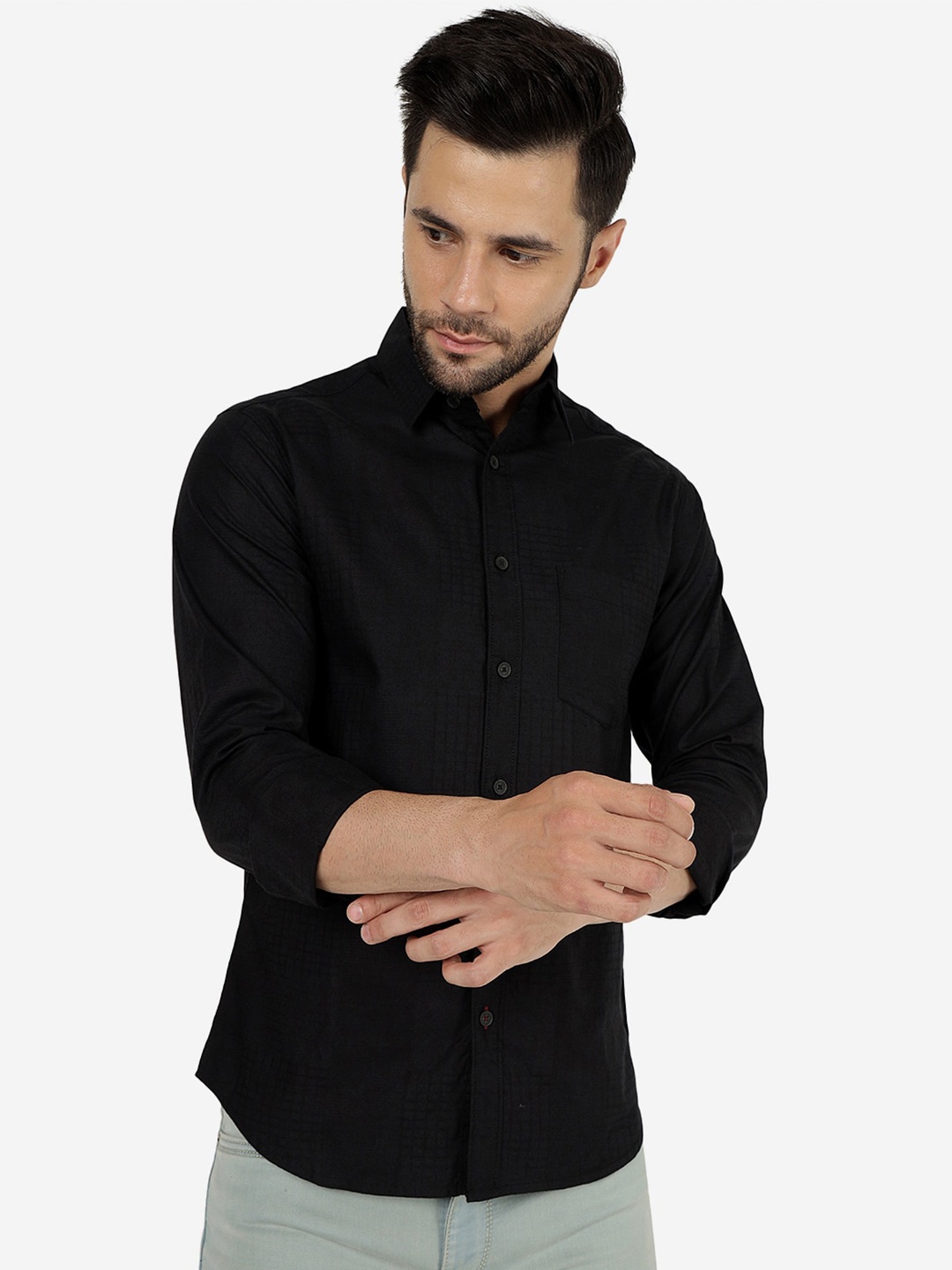 

Greenfibre Slim Fit Spread Collar Cotton Casual Shirt, Black
