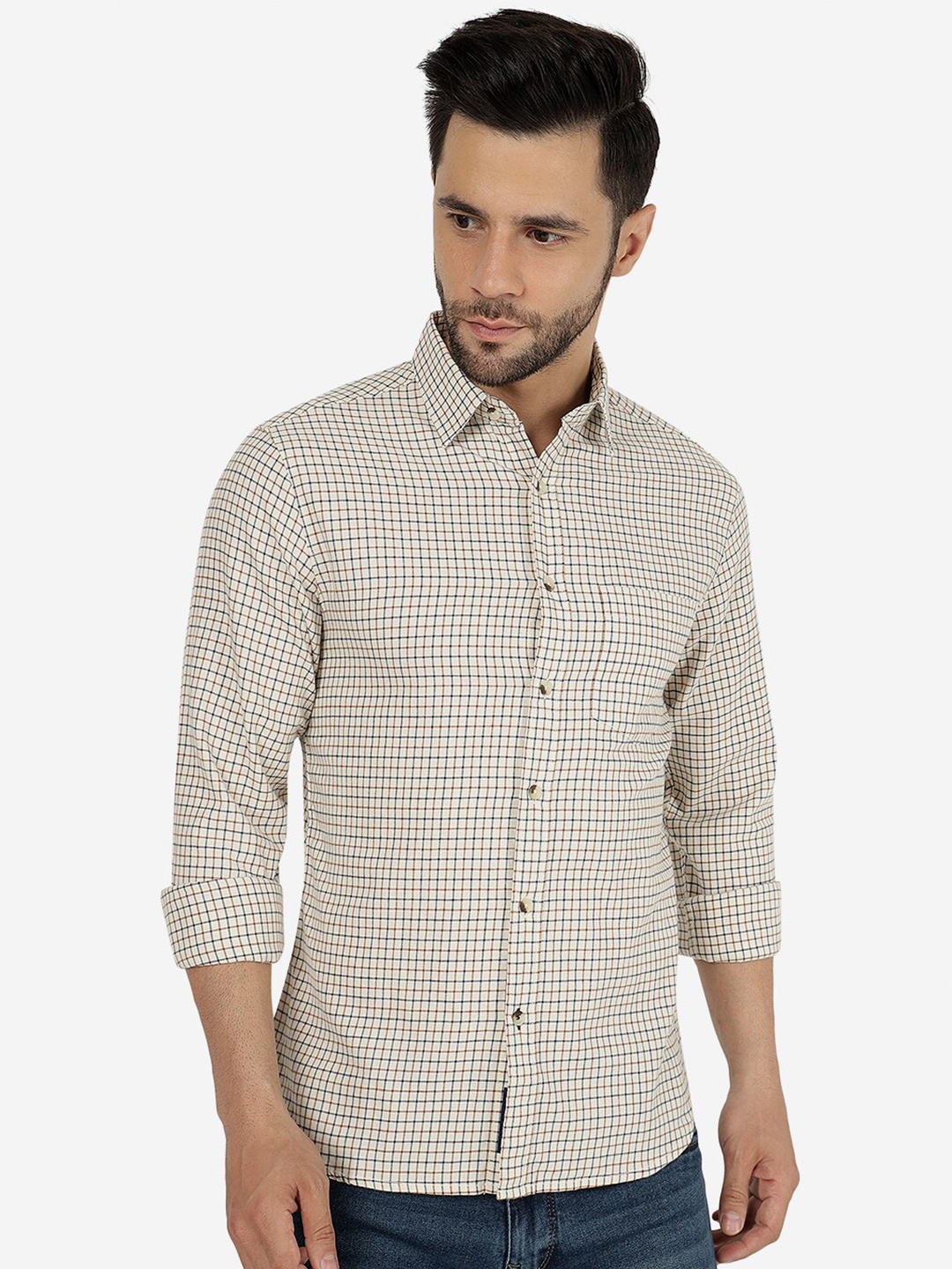 

Greenfibre Slim Fit Checked Cotton Casual Shirt, Off white