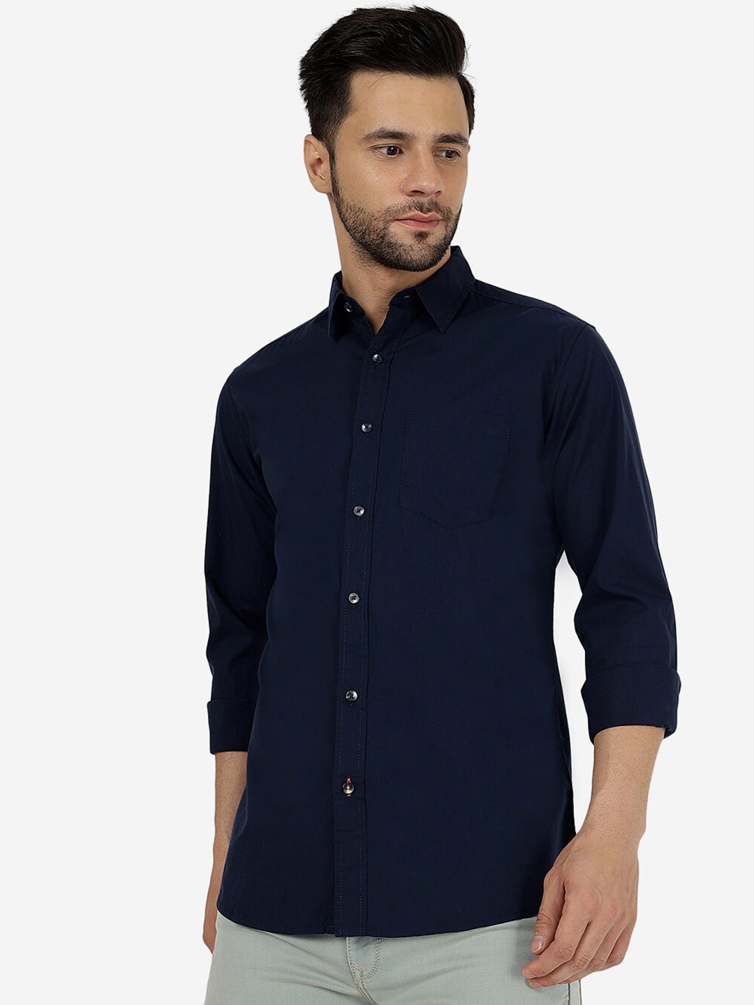 

JADE BLUE Slim Fit Opaque Pure Cotton Casual Shirt, Navy blue