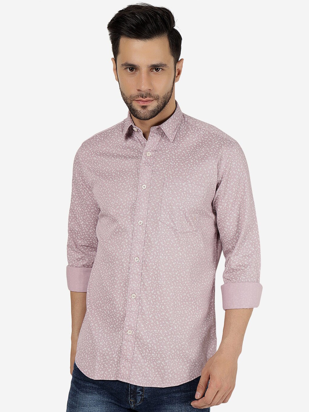 

JADE BLUE Slim Fit Opaque Micro Ditsy Printed Pure Cotton Casual Shirt, Pink