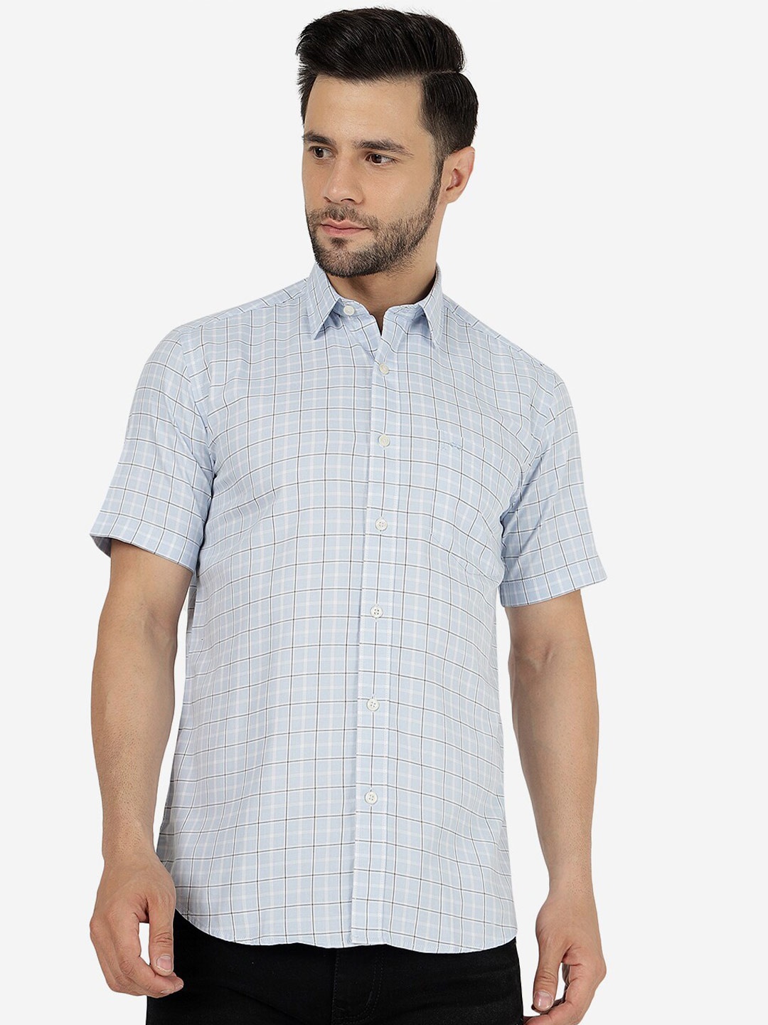 

JADE BLUE Slim Fit Checked Spread Collar Short Sleeves Cotton Casual Shirt