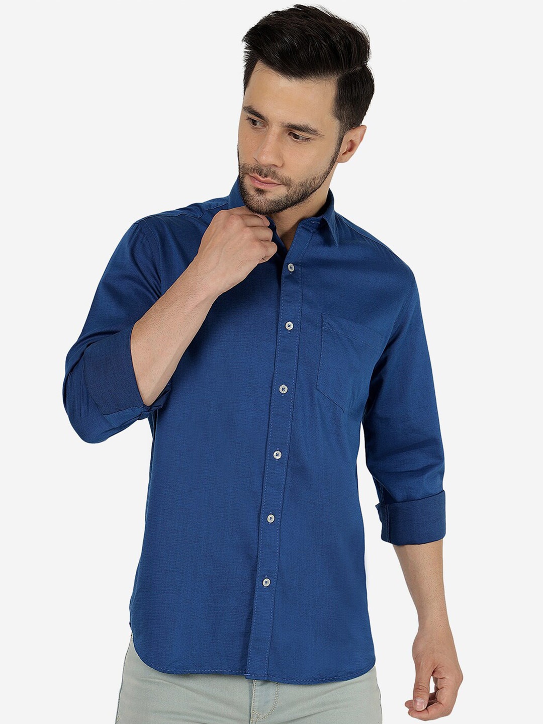 

JADE BLUE Slim Fit Spread Collar Long Sleeves Cotton Casual Shirt