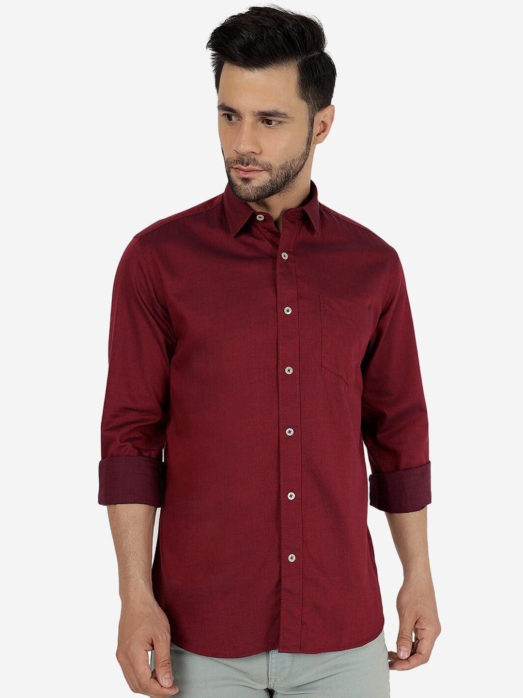 

JADE BLUE Slim Fit Spread Collar Long Sleeves Cotton Casual Shirt, Maroon