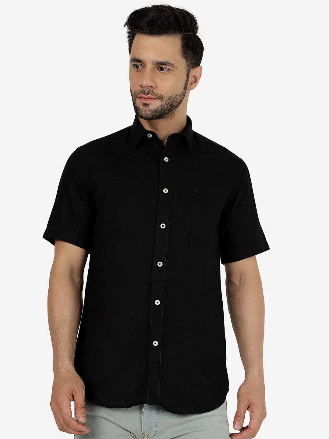 

JADE BLUE Slim Fit Spread Collar Short Sleeves Cotton Casual Shirt, Black