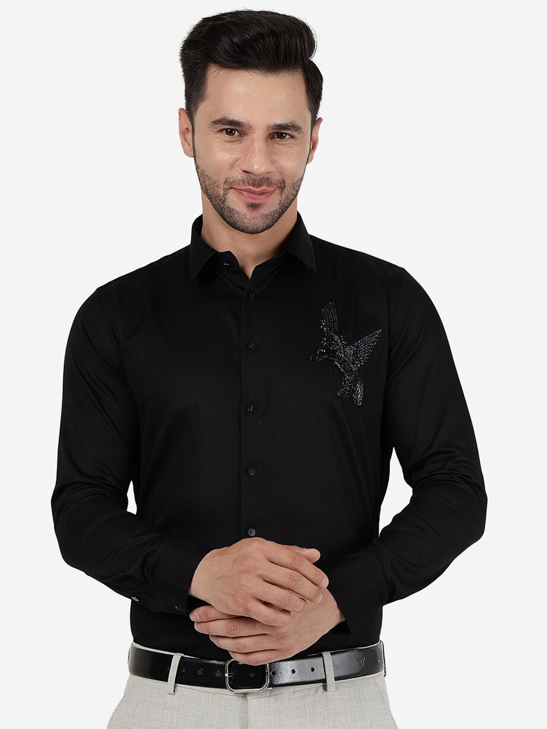 

JB STUDIO Slim Fit Cutaway Collar Embellished Detailed Pure Cotton Formal Shirt, Black