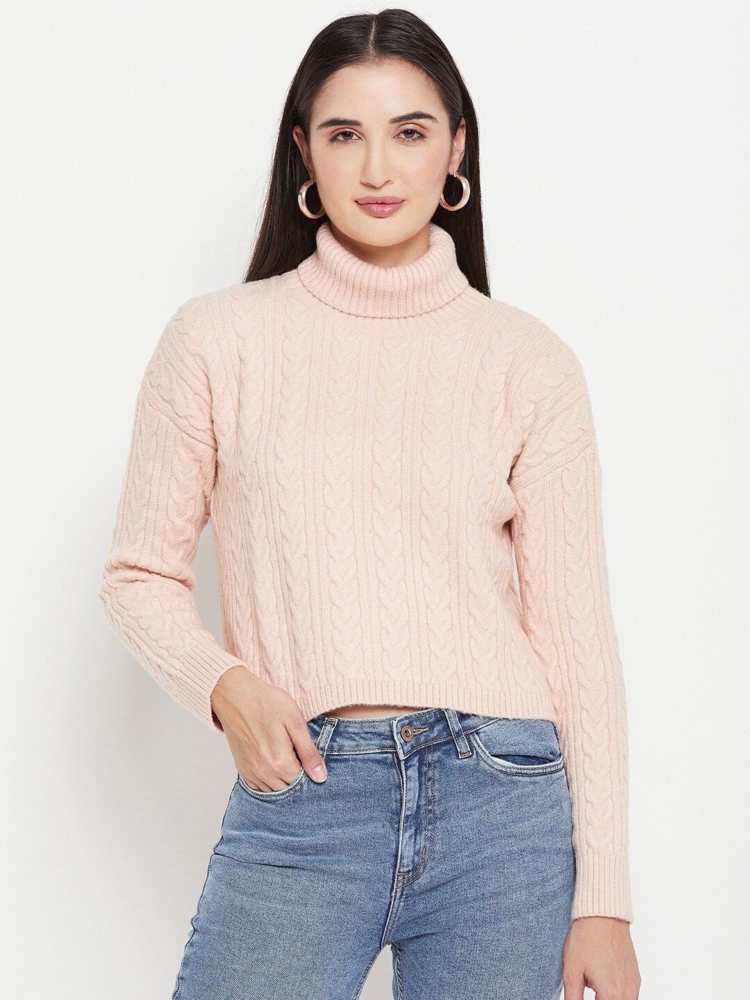 

CAMLA Cable Knitted Turtle Neck Crop Pullover Sweater, Peach