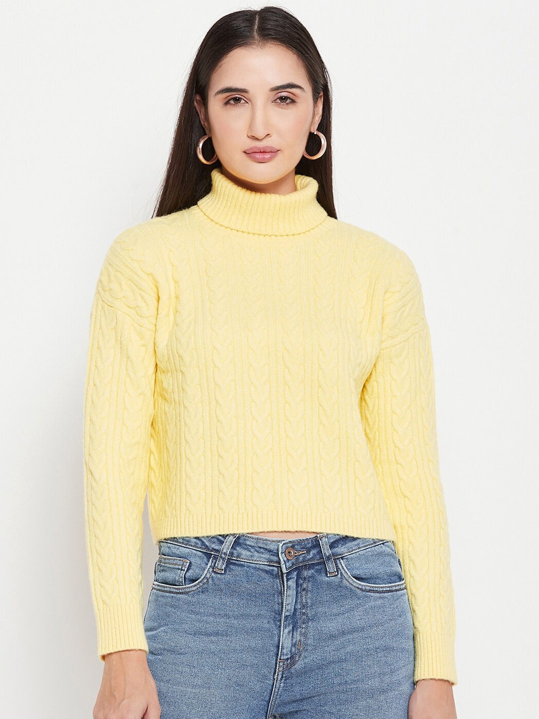 

CAMLA Cable Knitted Turtle Neck Crop Pullover Sweater, Yellow