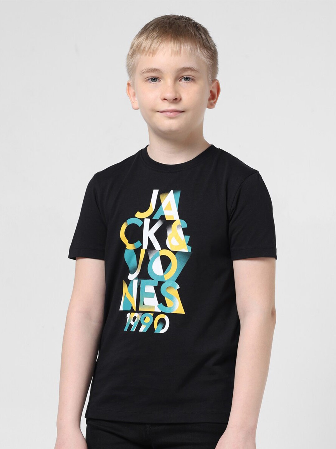 Jack & Jones Junior Boys Typography Printed Slim Fit Pure Cotton T-shirt, Black