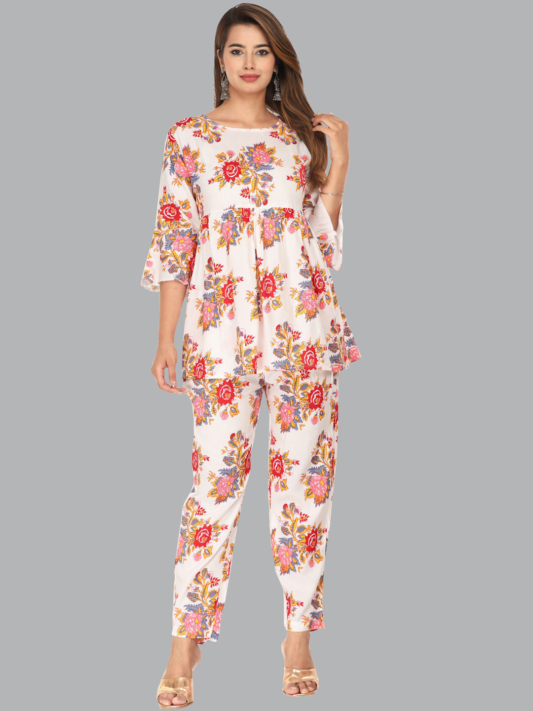 

BAESD Floral Printed A-Line Kurti & Trousers, White