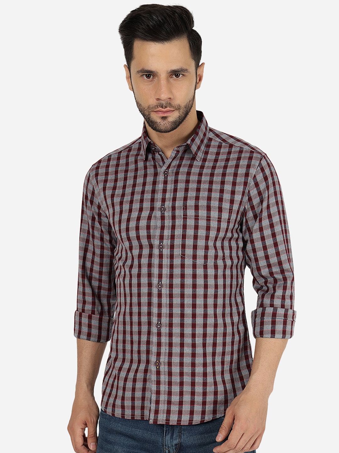 

Greenfibre Checked Slim Fit Opaque Pure Cotton Casual Shirt, Maroon