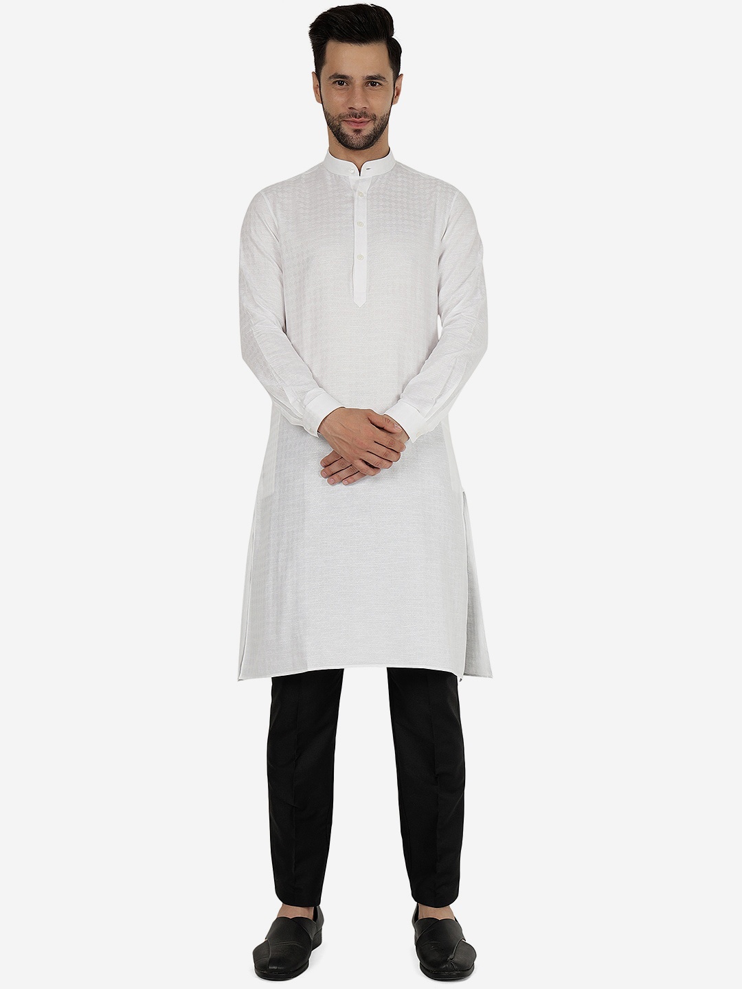 

Modi Kurta Woven Design Band Collar Straight Kurtas, White