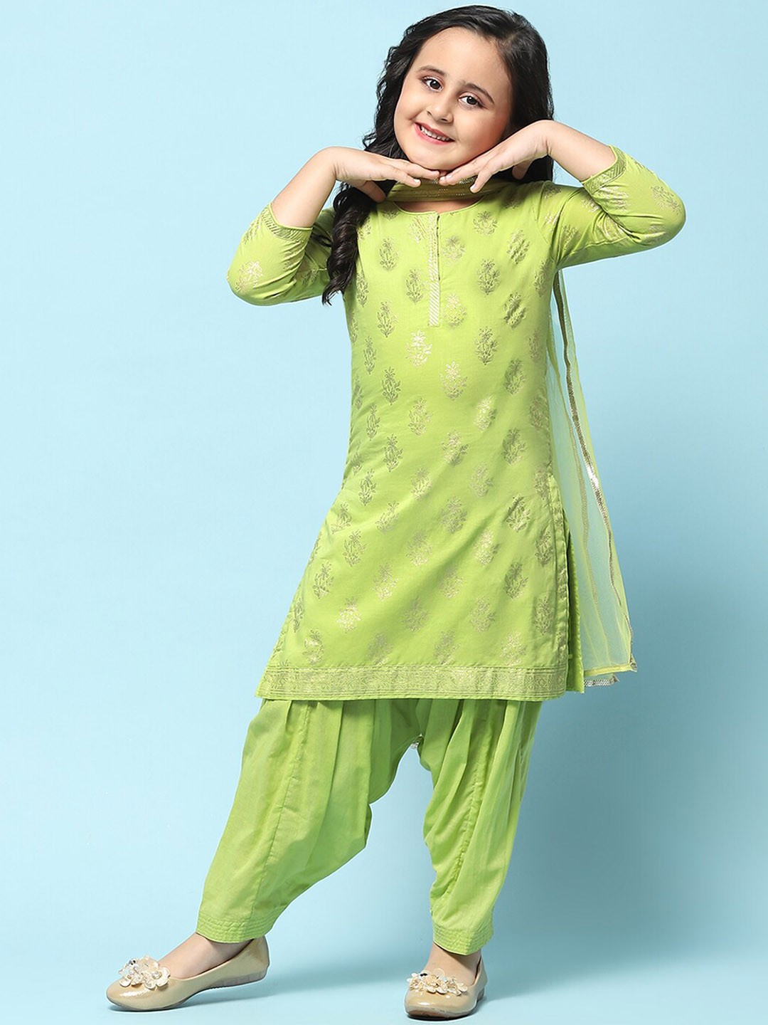

Biba Girls Ethnic Motifs Printed Pure Cotton Kurta With Salwar & Dupatta, Green