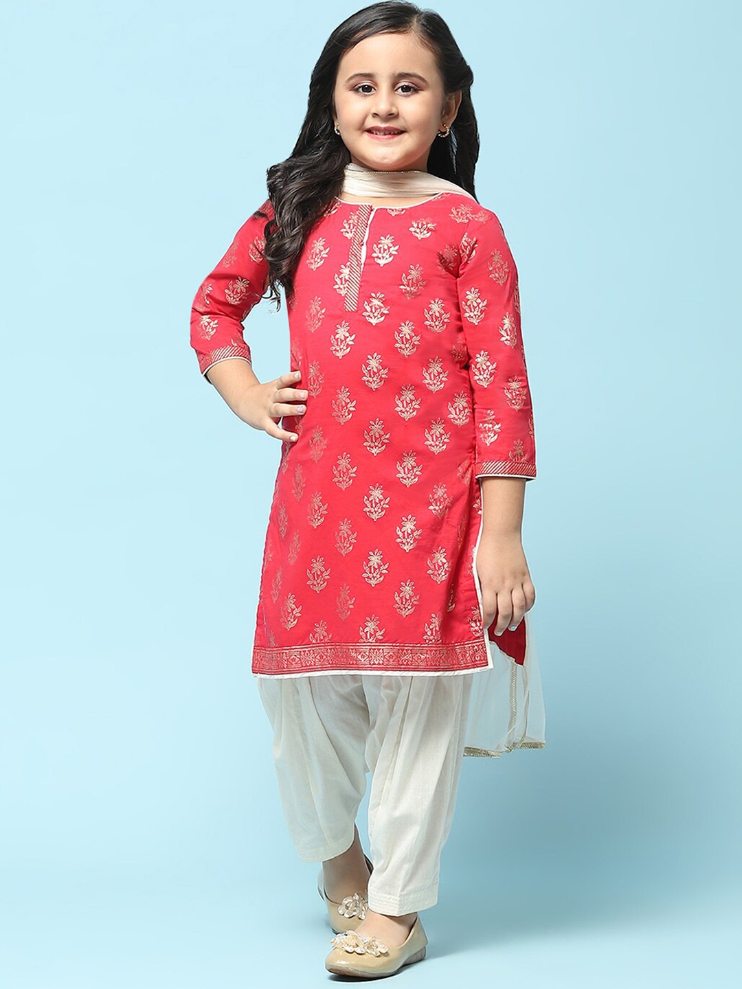 

Biba Girls Ethnic Motifs Printed Pure Cotton Kurta With Salwar & Dupatta, Red